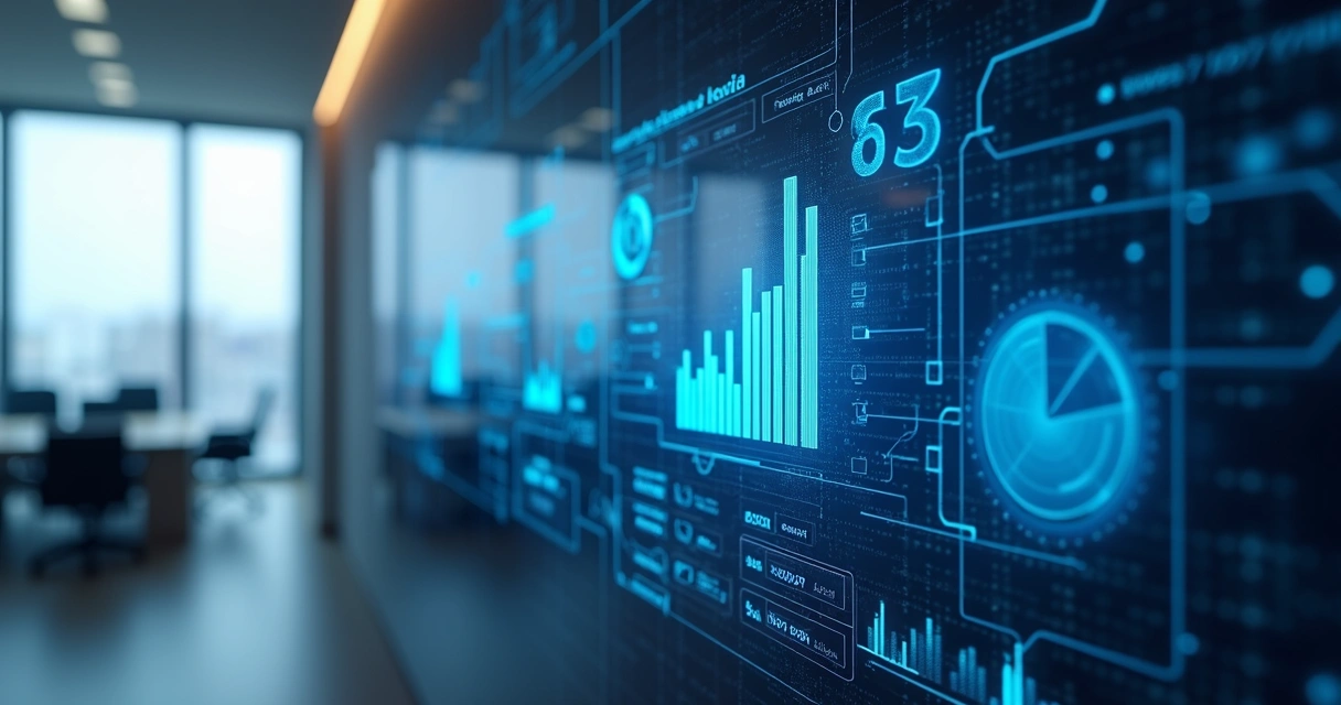Tela digital com gráficos financeiros e ícones de inteligência artificial em fundo moderno azul 