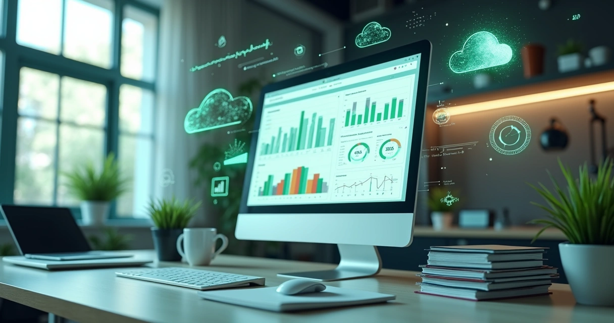 Computador moderno exibindo gráficos fiscais digitais 