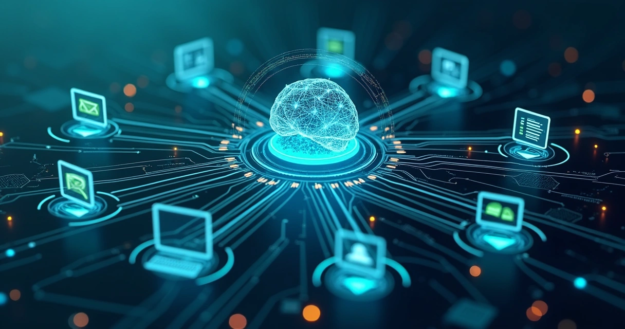 Ilustração de IA integrando sistemas empresariais 