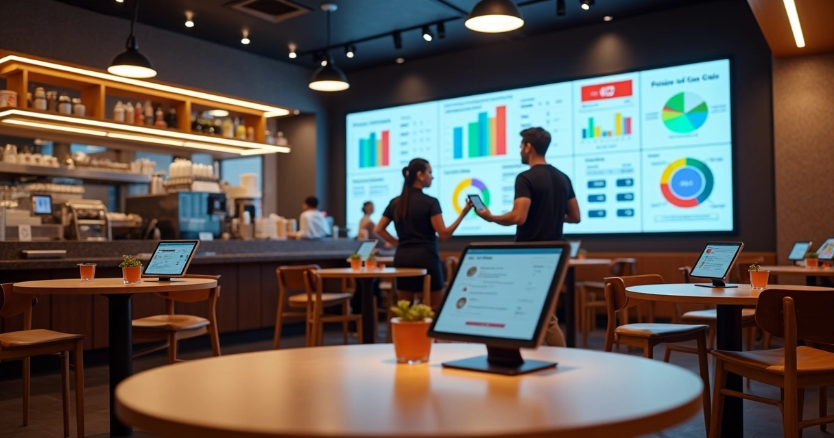 Totens e tablets de autoatendimento em restaurante moderno com painel de vendas digital embutido 