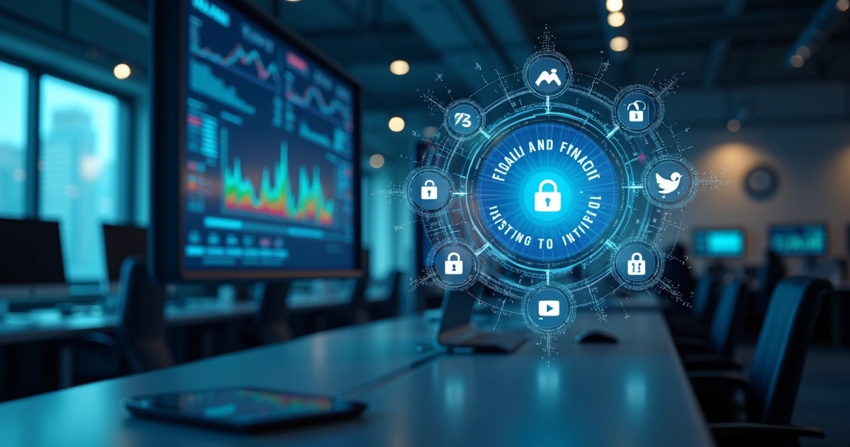 Interface digital mostrando análise de dados fiscais com gráficos e ícones de segurança cibernética ao fundo 