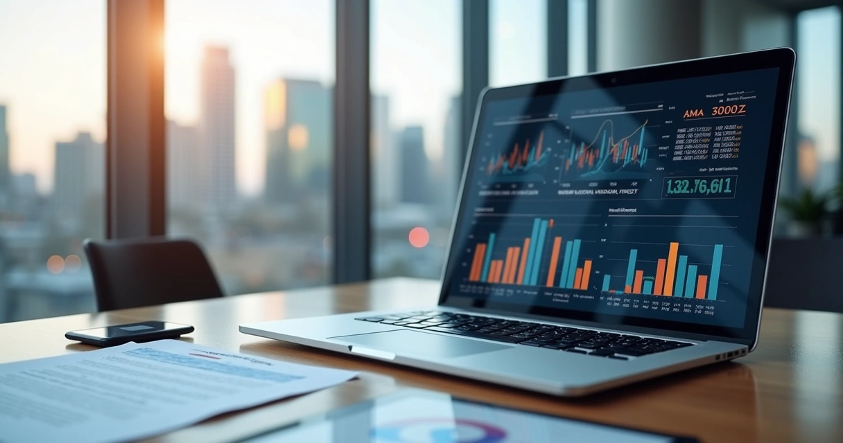 Computador com gráficos financeiros e documentos legais sobre uma mesa em ambiente corporativo moderno