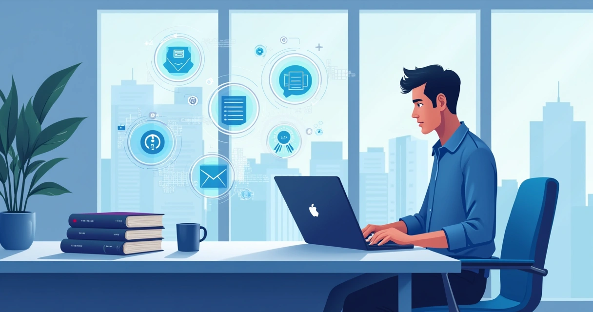 Vereador utilizando computador com gráficos de inteligência artificial 