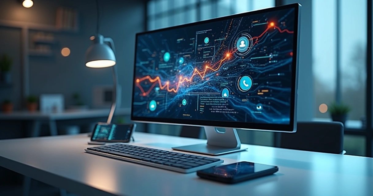 Computador exibindo gráficos digitais e ícones de IA generativa integrados com sistemas empresariais e comunicação por WhatsApp 