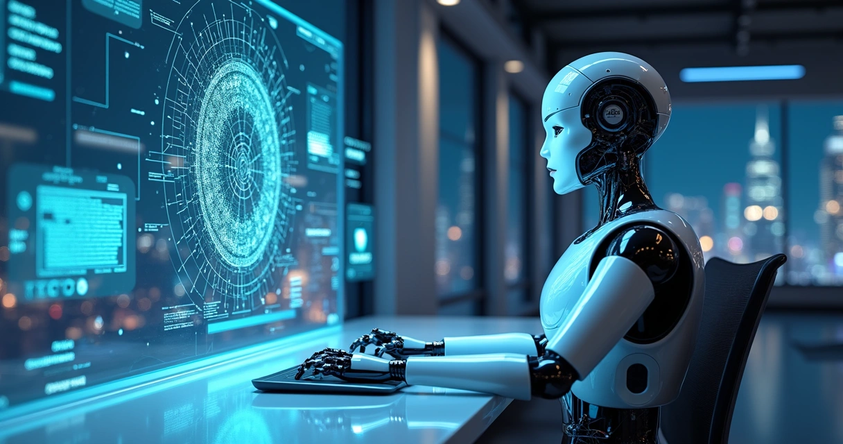 Representação realista de um robô humanóide interagindo com hologramas digitais complexos de dados e circuitos 