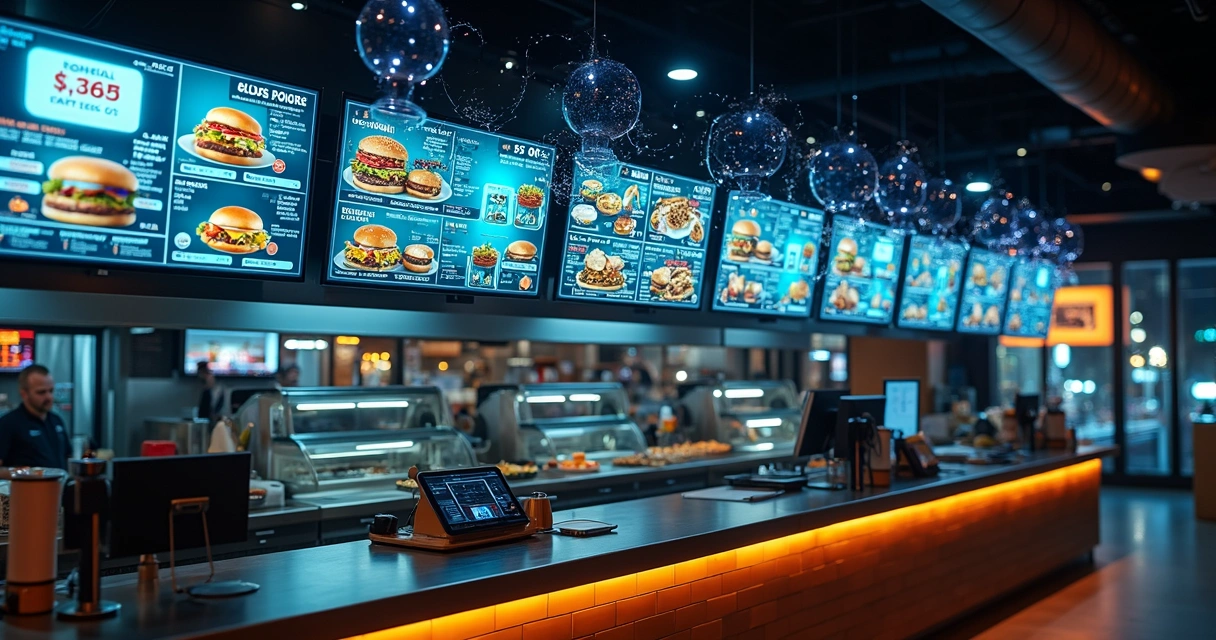 Painel de cardápio digital de restaurante rodeado por elementos de inteligência artificial 