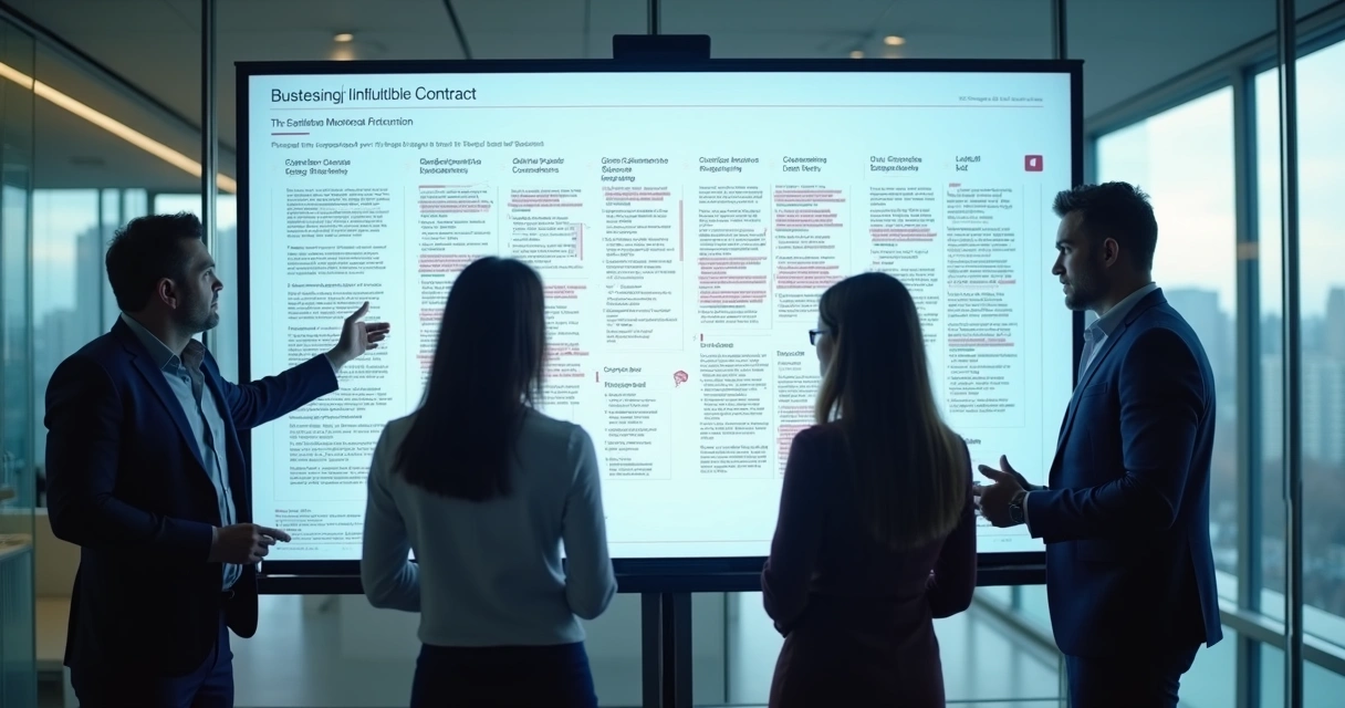 Equipe de análise observando dashboard de IA de contratos 