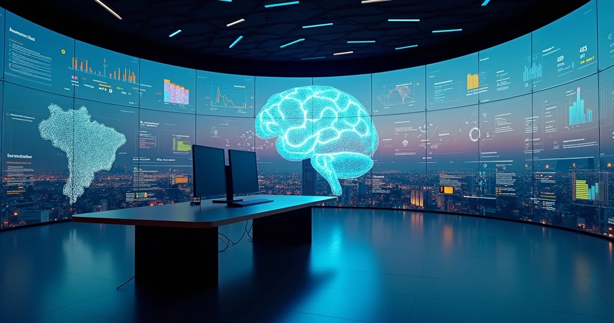 Painel digital com interface de inteligência artificial analisando cenário eleitoral brasileiro em 2026 