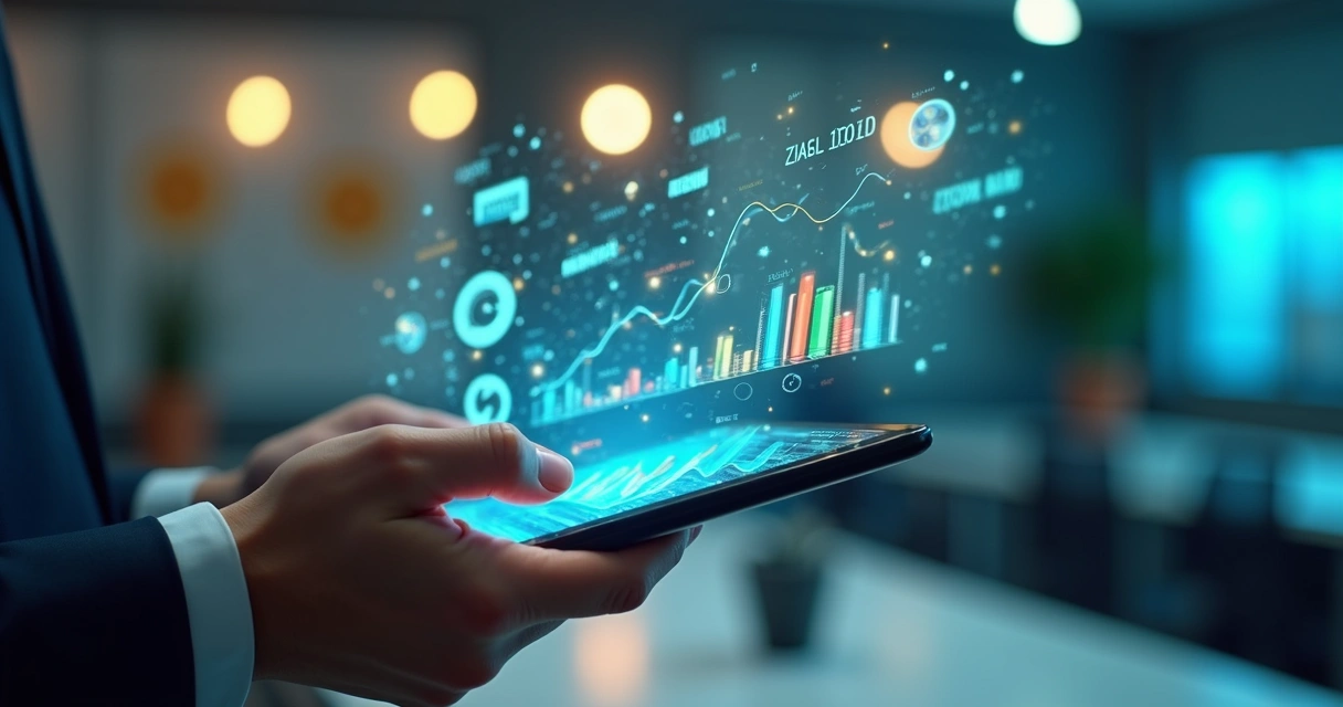 Mão segurando tablet com gráficos financeiros digitais e ícones de inteligência artificial ao redor 