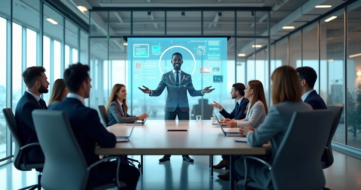 Assistente digital interagindo com equipe empresarial durante gestão de mudanças 