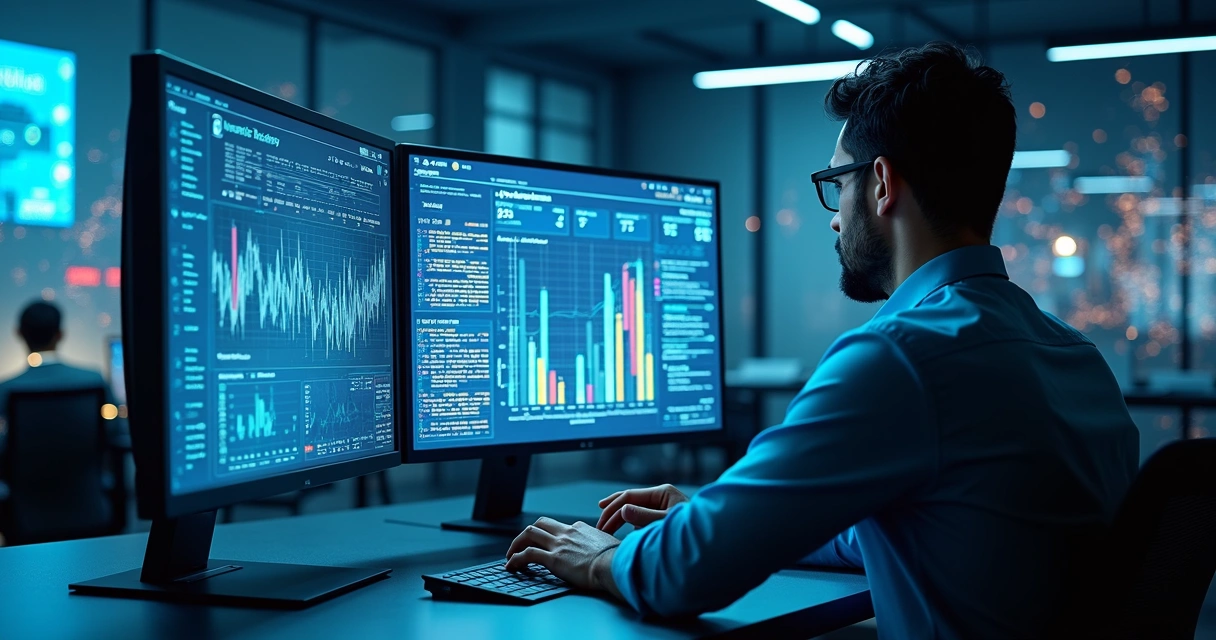 Profissional analisando dados tributários em computadores com gráficos digitais e notas fiscais eletrônicas no ambiente de escritório moderno 
