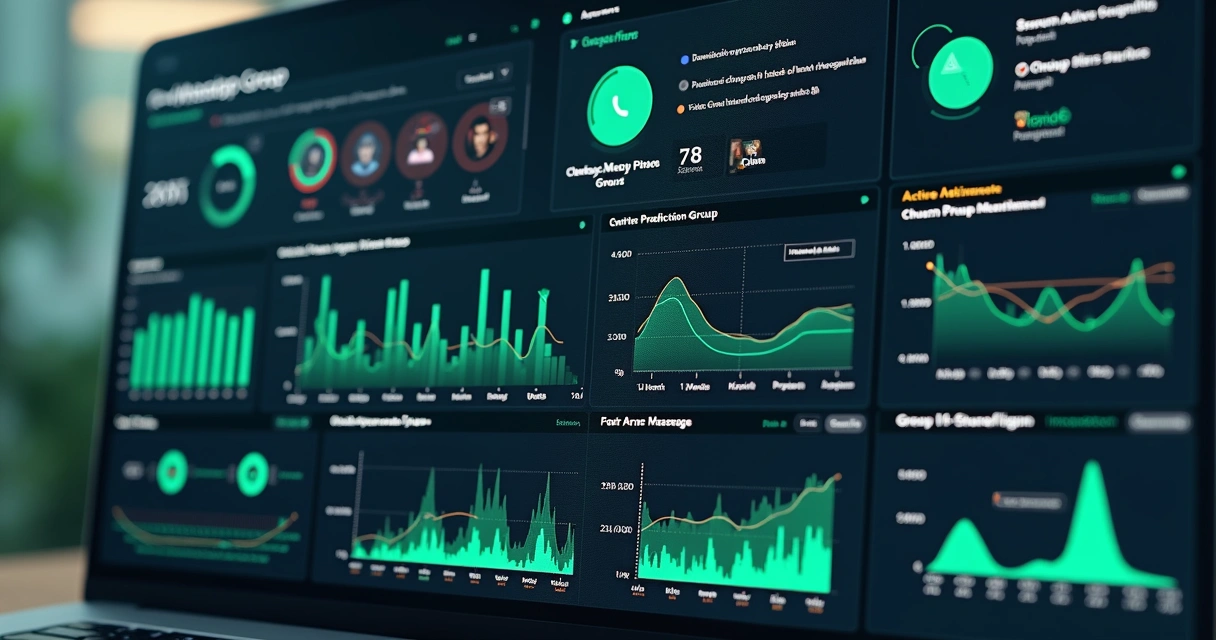 Visão de analytics com gráficos coloridos em grupo WhatsApp 