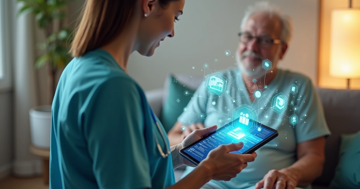 Profissional de saúde usando tablet para monitoramento de paciente em atendimento domiciliar com elementos digitais e gráficos de dados ao redor 