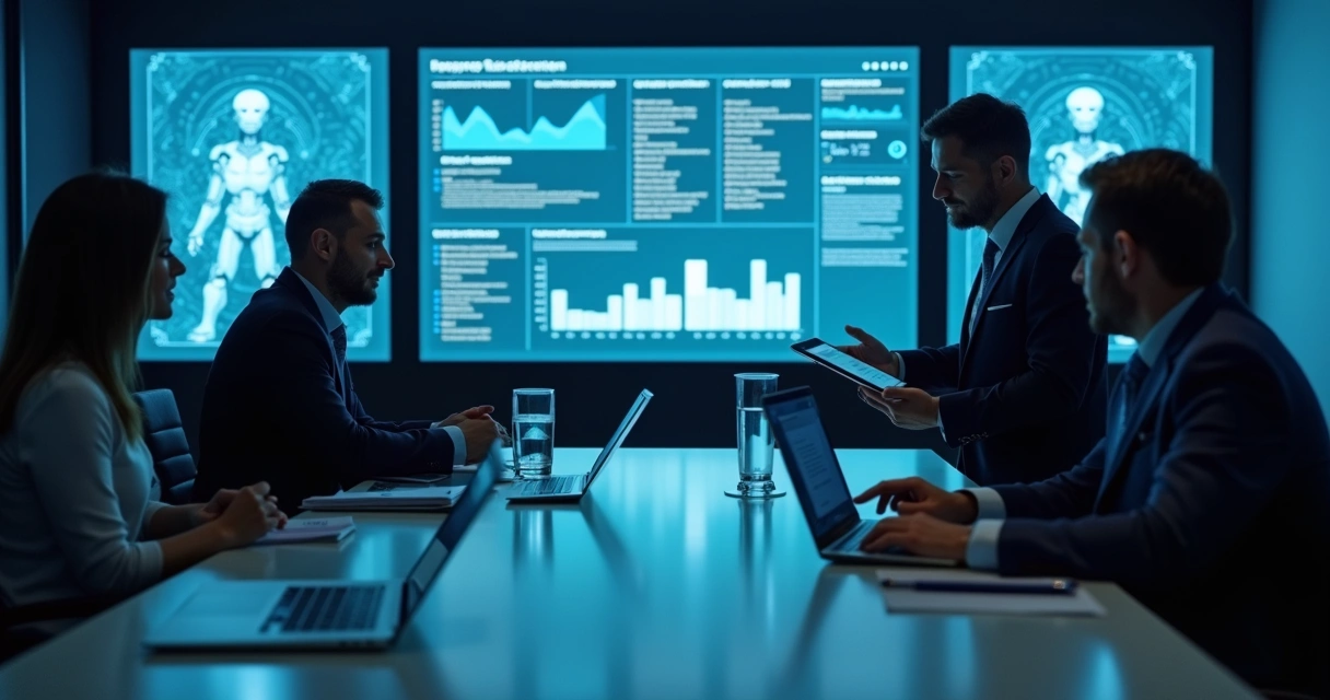 Dois homens em mesa de reunião analisando painel digital de inteligência artificial 