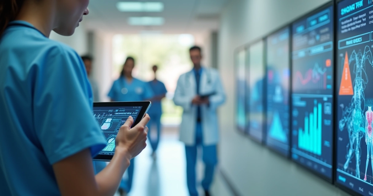Enfermeira utiliza tablet com gráficos de IA em hospital moderno. 