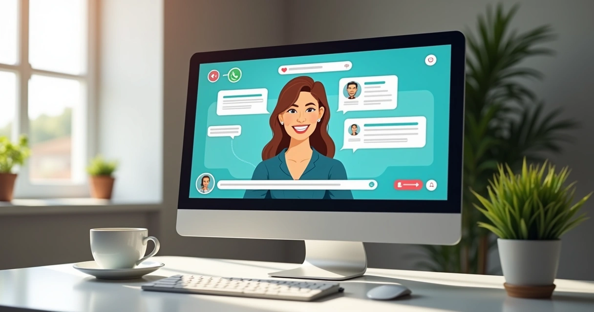 Assistente virtual interagindo com cliente em tela de computador 
