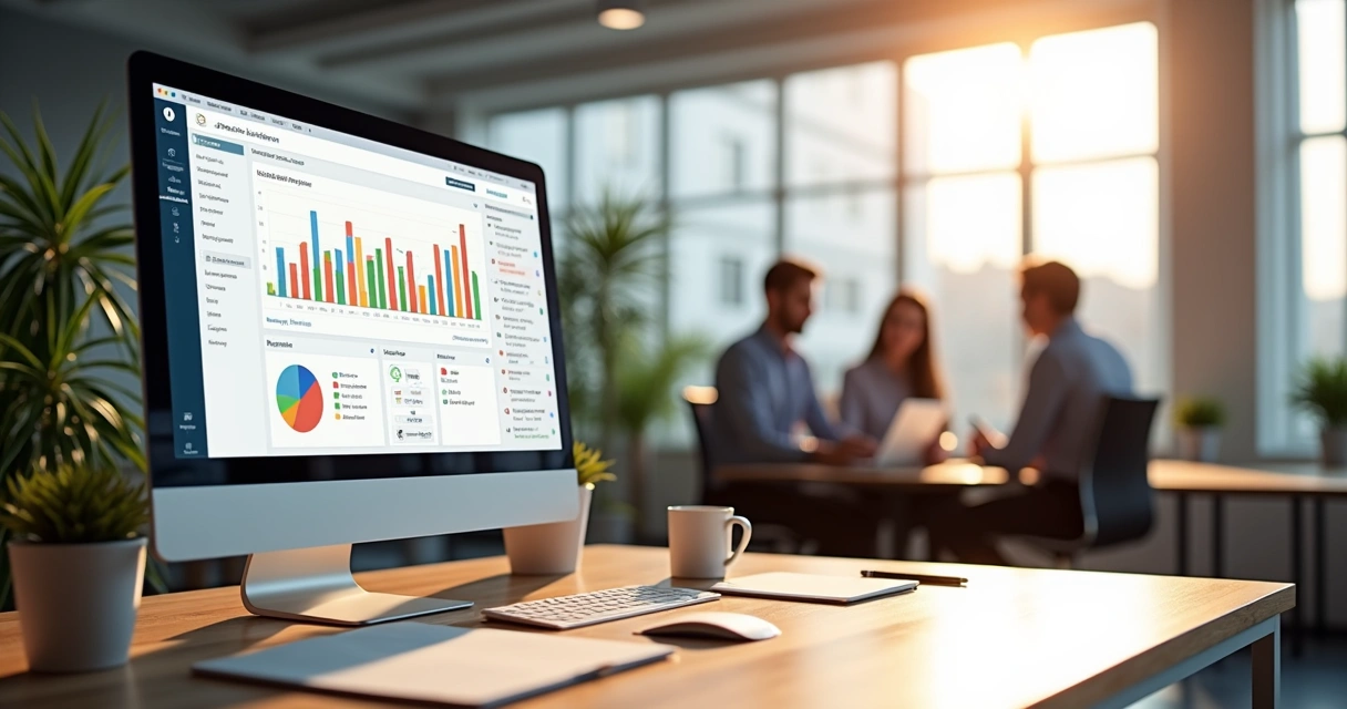 Computador com sistema de IA em tela, gráficos de vendas imobiliárias e corretores ao fundo em uma sala moderna 