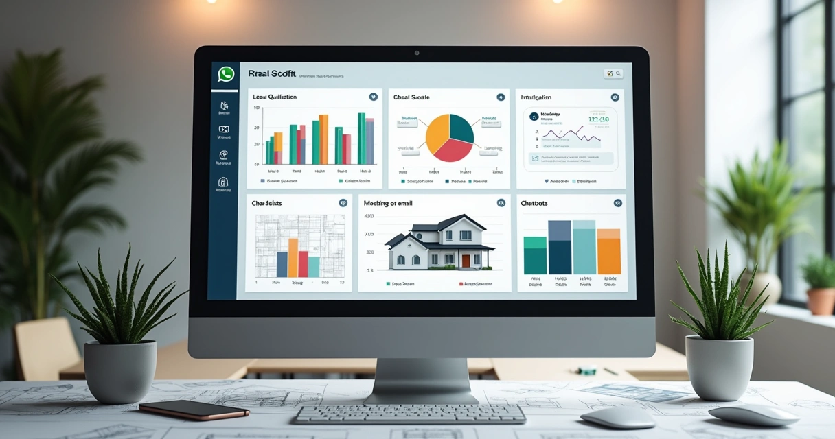 Tela de computador exibindo dashboard moderno de inteligência artificial com gráficos, mapa de calor e integração de mensagens para o setor imobiliário 