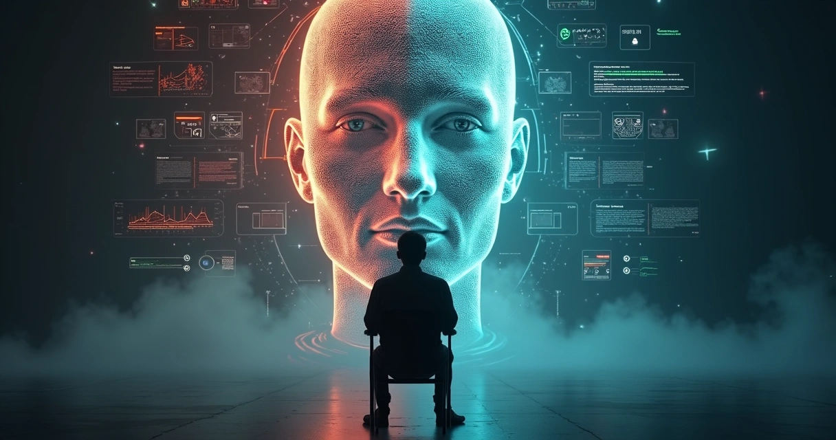 Pessoa diante de rosto digital de inteligência artificial dividida entre caos e harmonia 