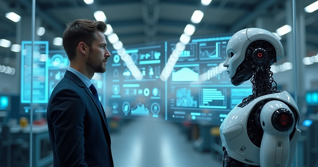 Robô ao lado de gestor analisando telas digitais de projeto industrial 