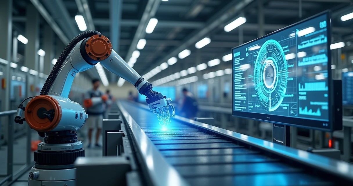 Robô colaborativo trabalhando junto a operador humano em linha de produção automatizada com monitores digitais e gráficos ao fundo 