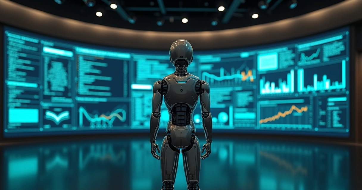 Robô digital frente a tela exibindo códigos e gráficos jurídicos