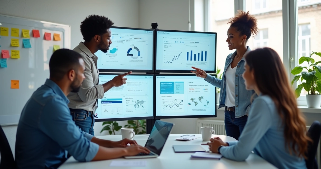 Equipe de marketing digital analisando dados em monitores com gráficos e IA 