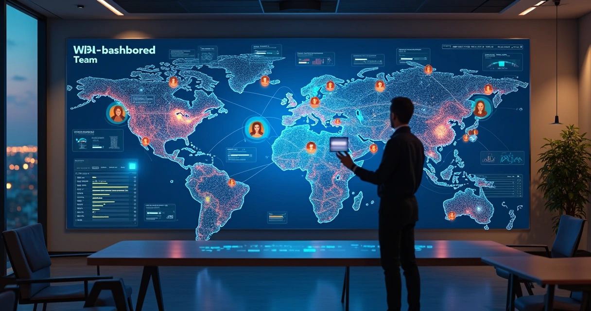 Painel digital mostrando dados de equipe integrados à inteligência artificial 