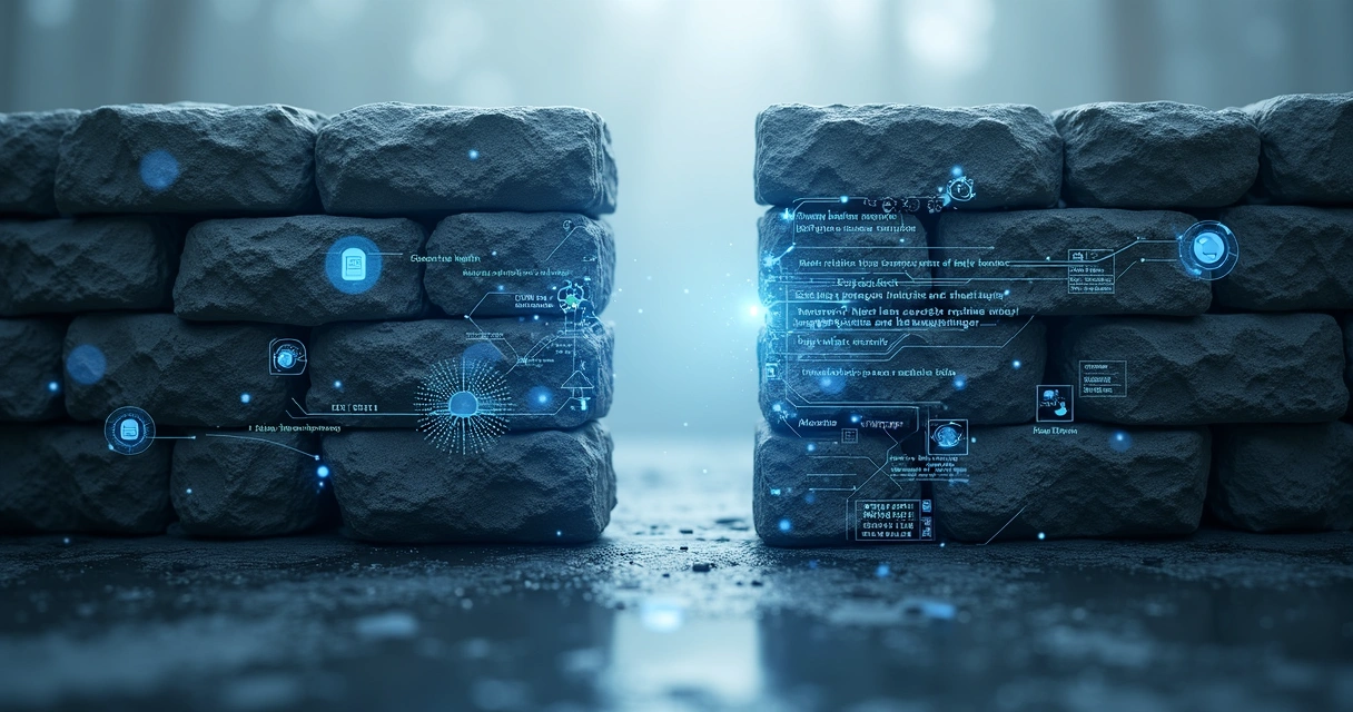 Limites ilustrados com símbolos de IA e muralha jurídica 