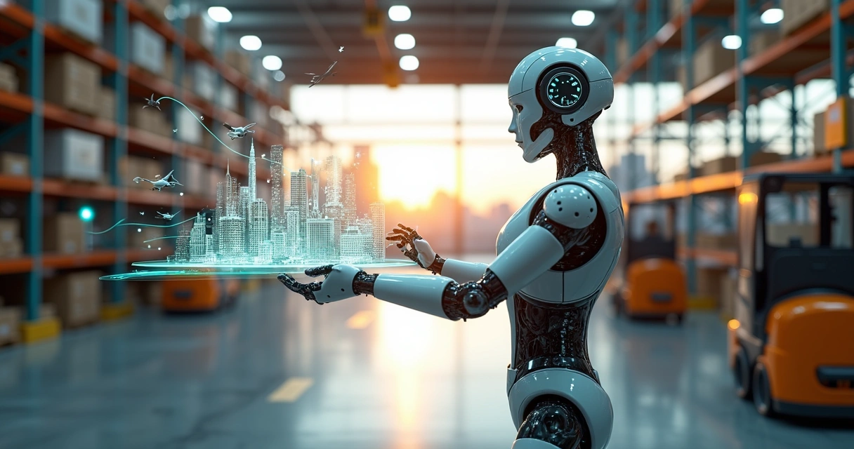 Robô transparente tocando holograma de logística com veículos autônomos 