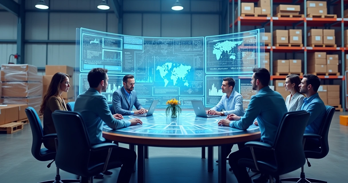 Equipe de logística analisando dados em telas digitais 