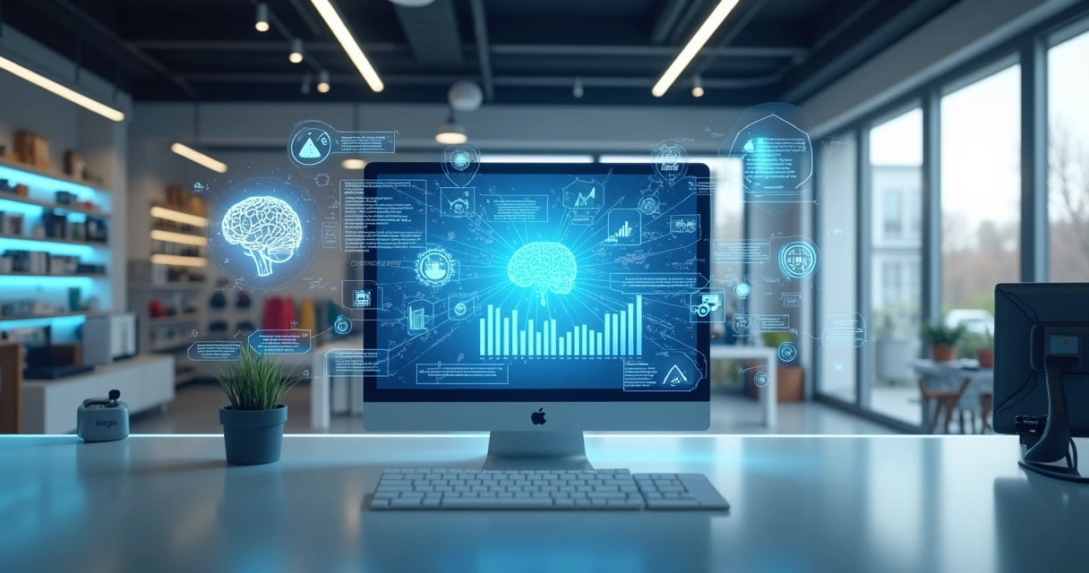 Computador com representações de inteligência artificial e dados em ambiente de loja 