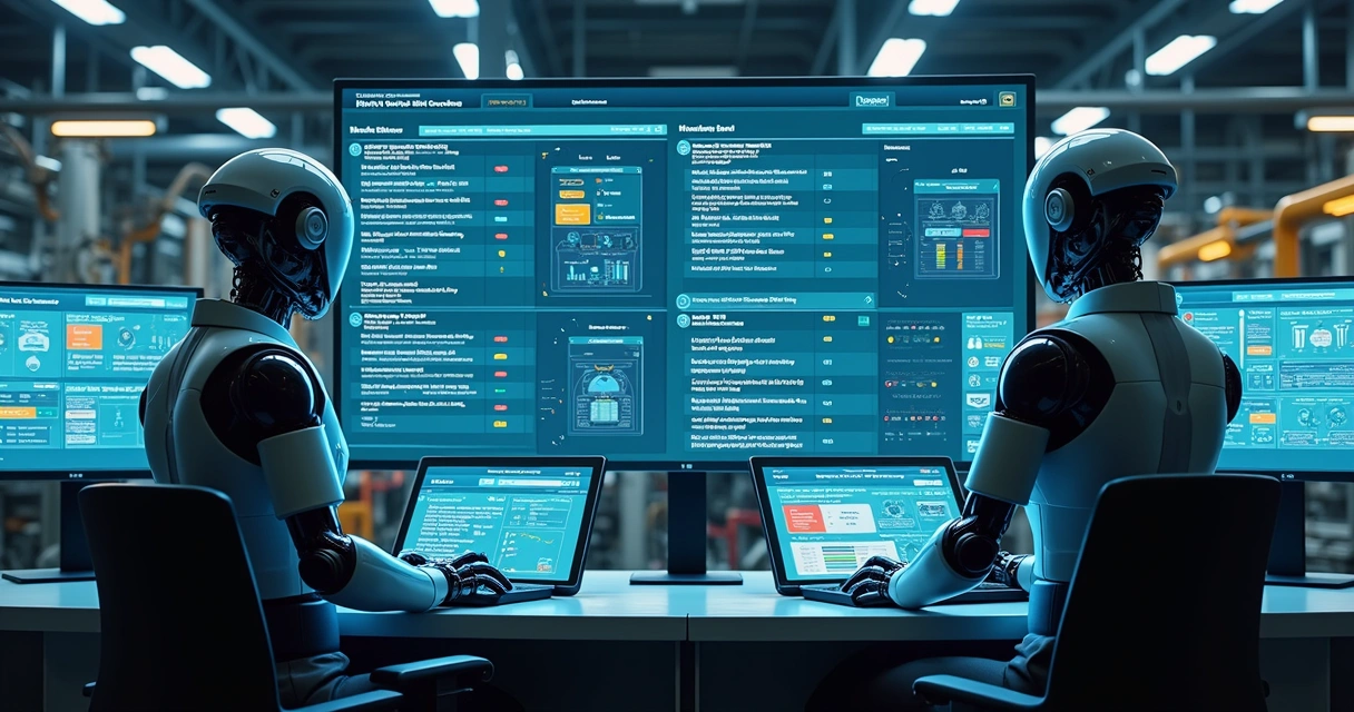 Interface digital mostrando listas de tarefas em uma tela ao lado de robôs e operadores industriais 