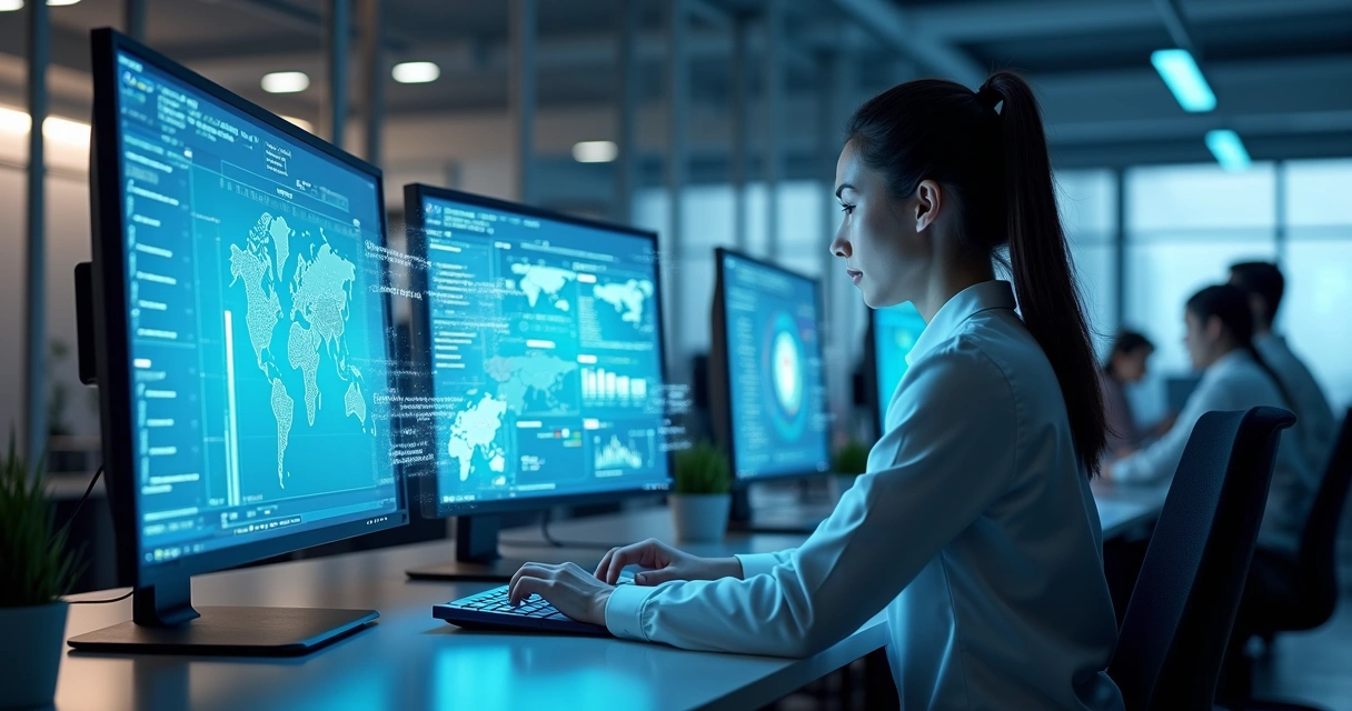 Assistente de IA analisando dados de experiência do cliente em telas digitais com gráficos e mapas de calor 