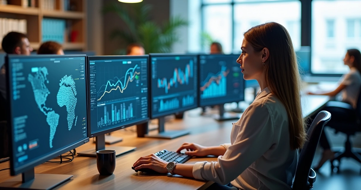 Profissional de marketing usando IA no computador durante reunião.