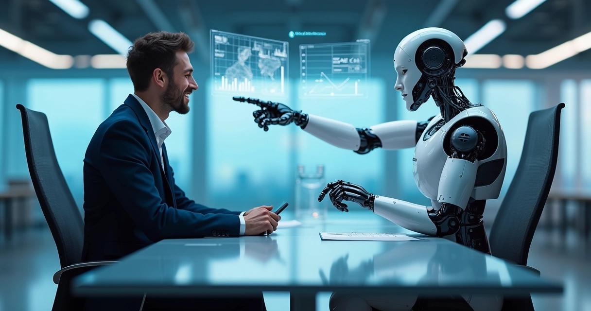 Robô e humano trabalhando juntos analisando relatórios de marketing 