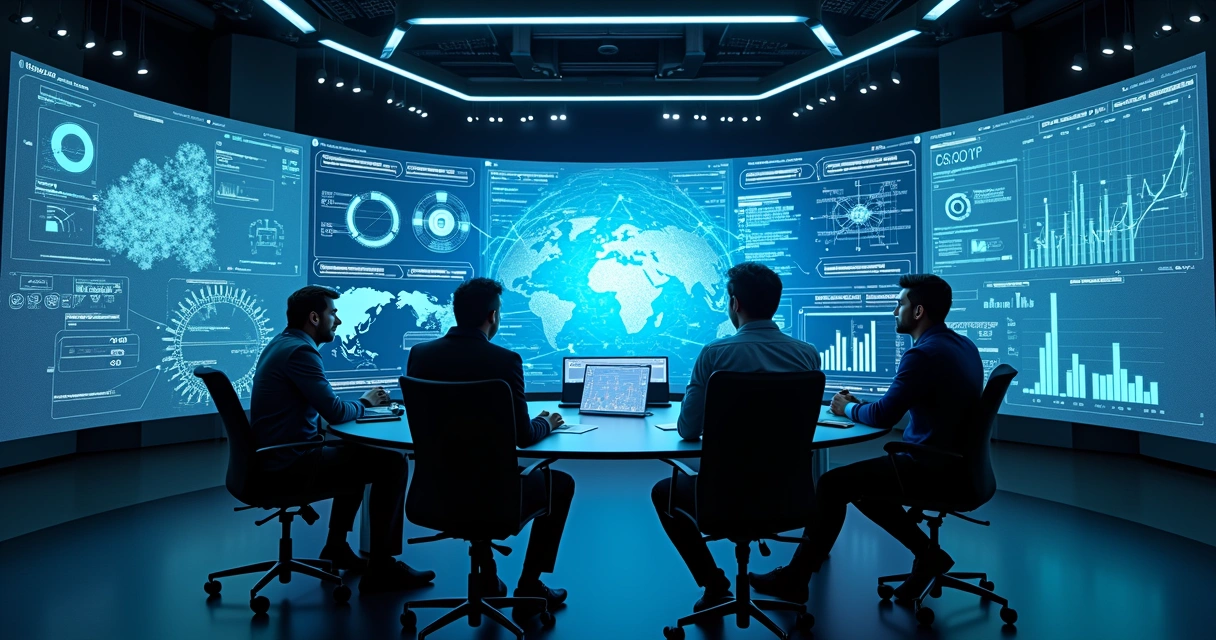 Inteligência artificial analisando dados de marketing digital em telas digitais 