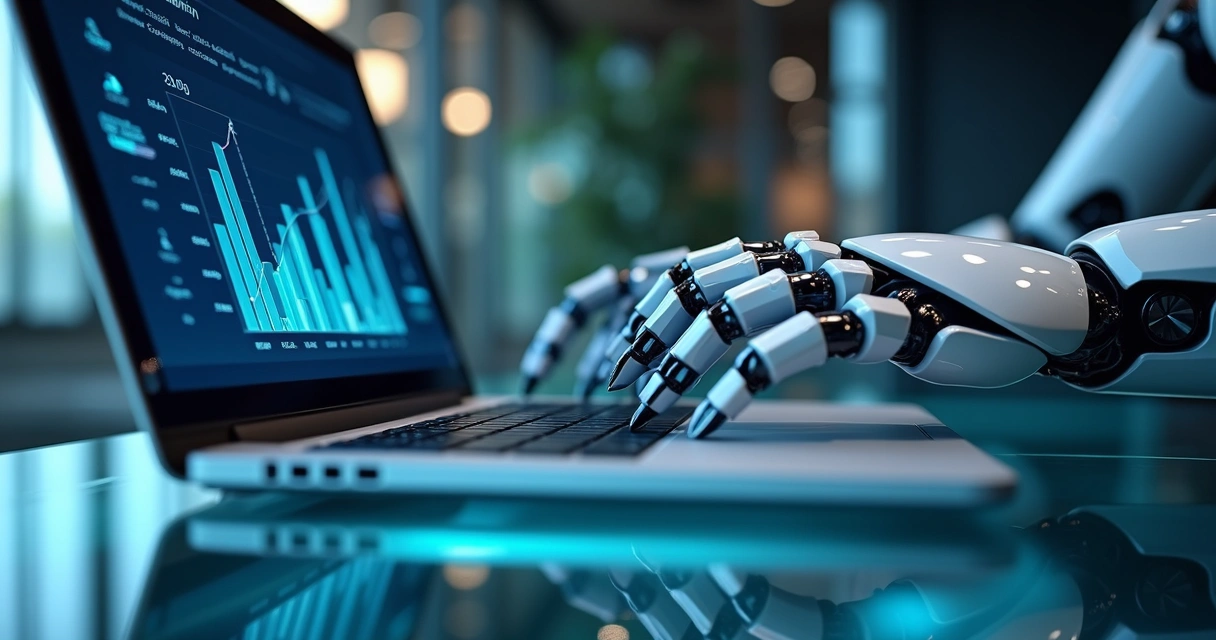 Robô escreve conteúdo em computador numa mesa moderna. 