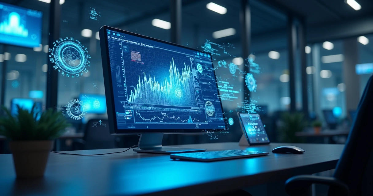 Computador com tela exibindo gráficos de marketing digital e elementos digitais futuristas ao redor 