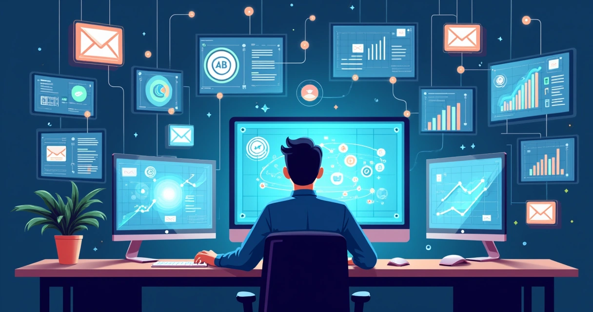 Operador de marketing usando IA em vários dispositivos digitais 