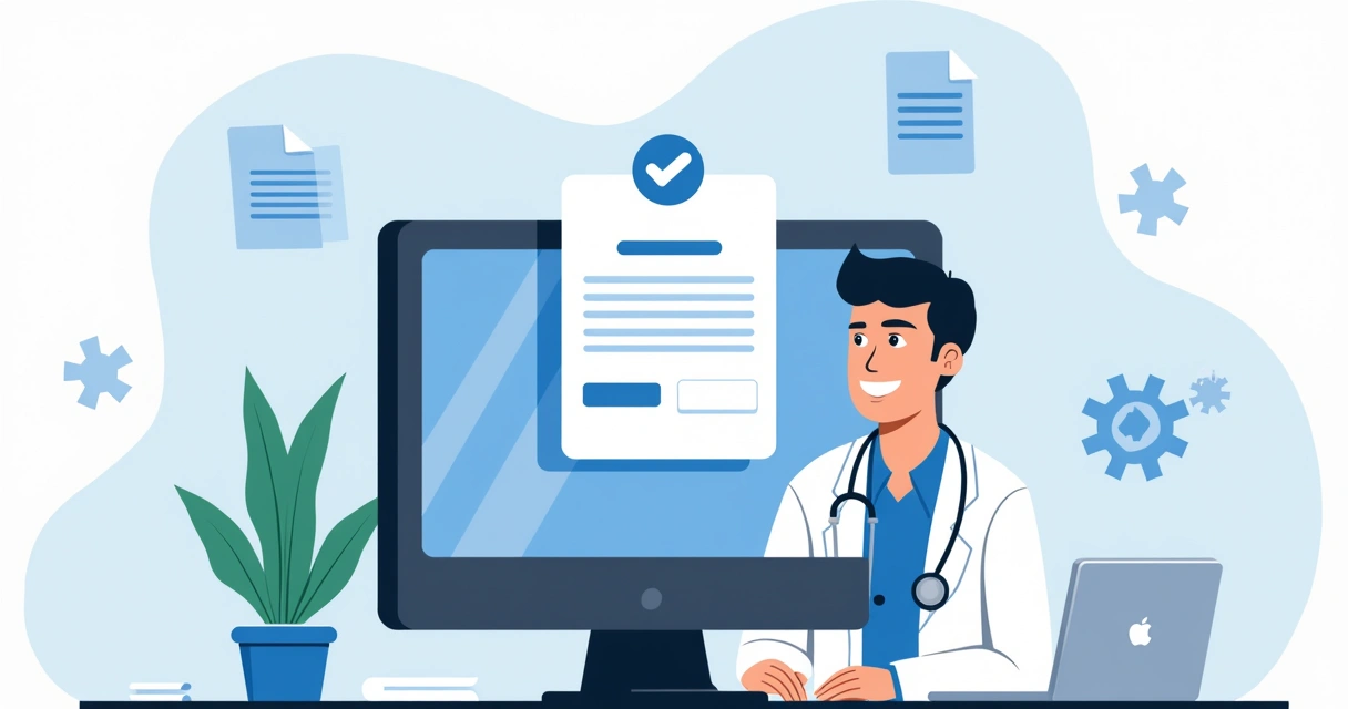 Tela de computador mostrando sistema médico com automação IA 