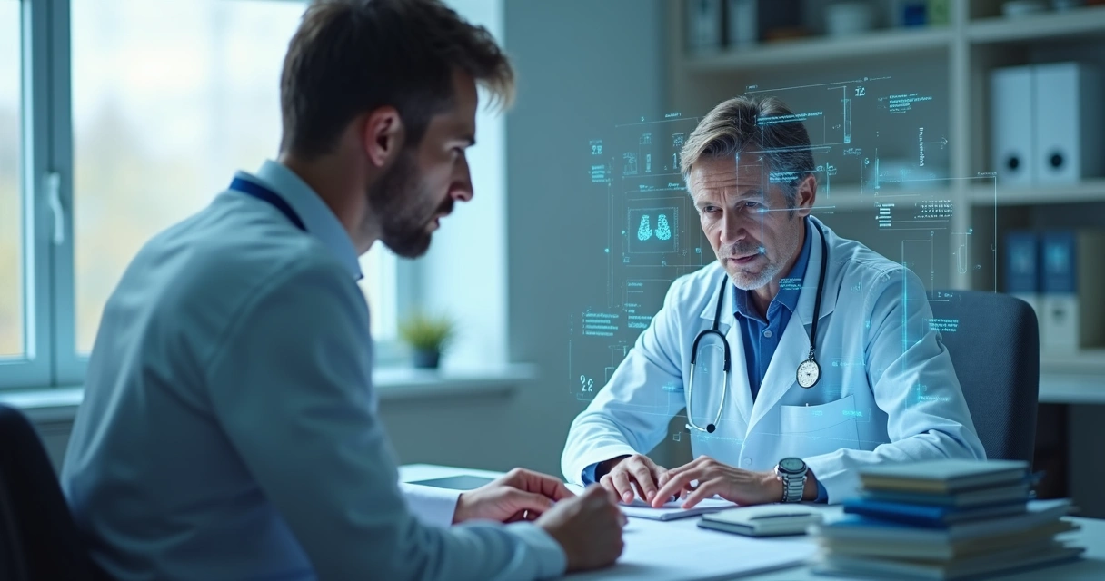 IA e médico colaborando no diagnóstico de paciente 