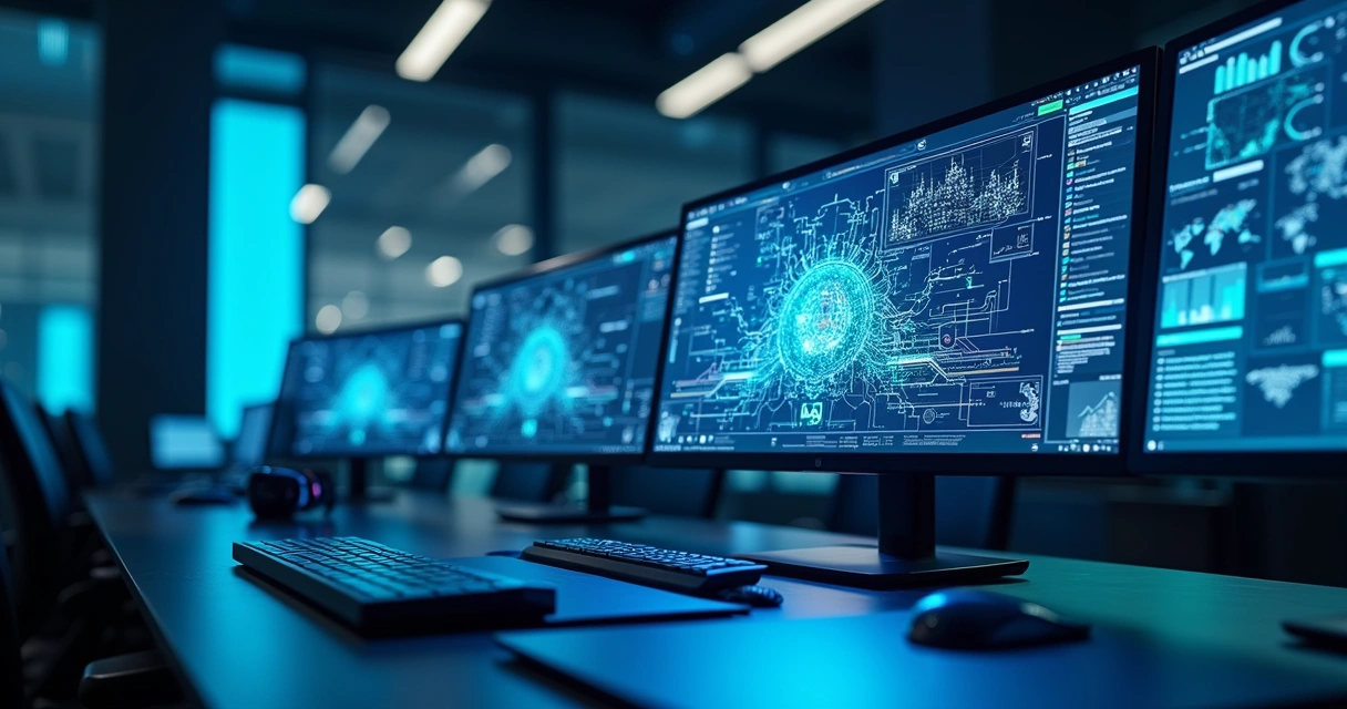 Computadores e telas digitais exibindo gráficos e circuitos tecnológicos em um ambiente moderno iluminado com luz azul 