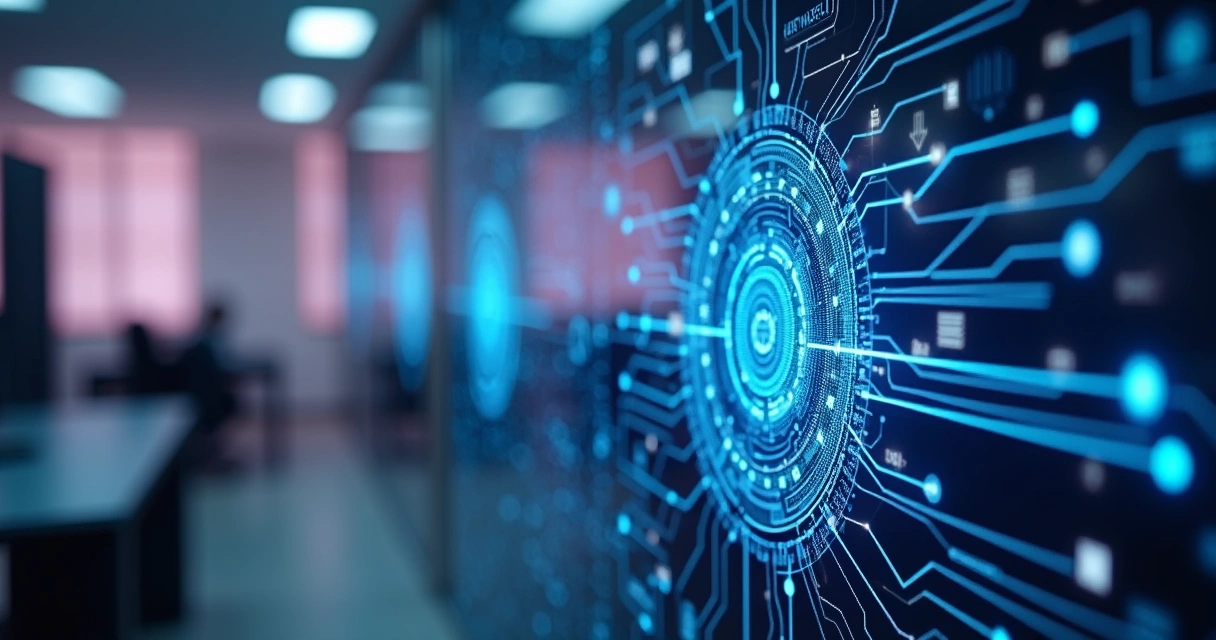 Interface digital mostrando dados e redes neurais com ícones de inteligência artificial e processos empresariais conectados 