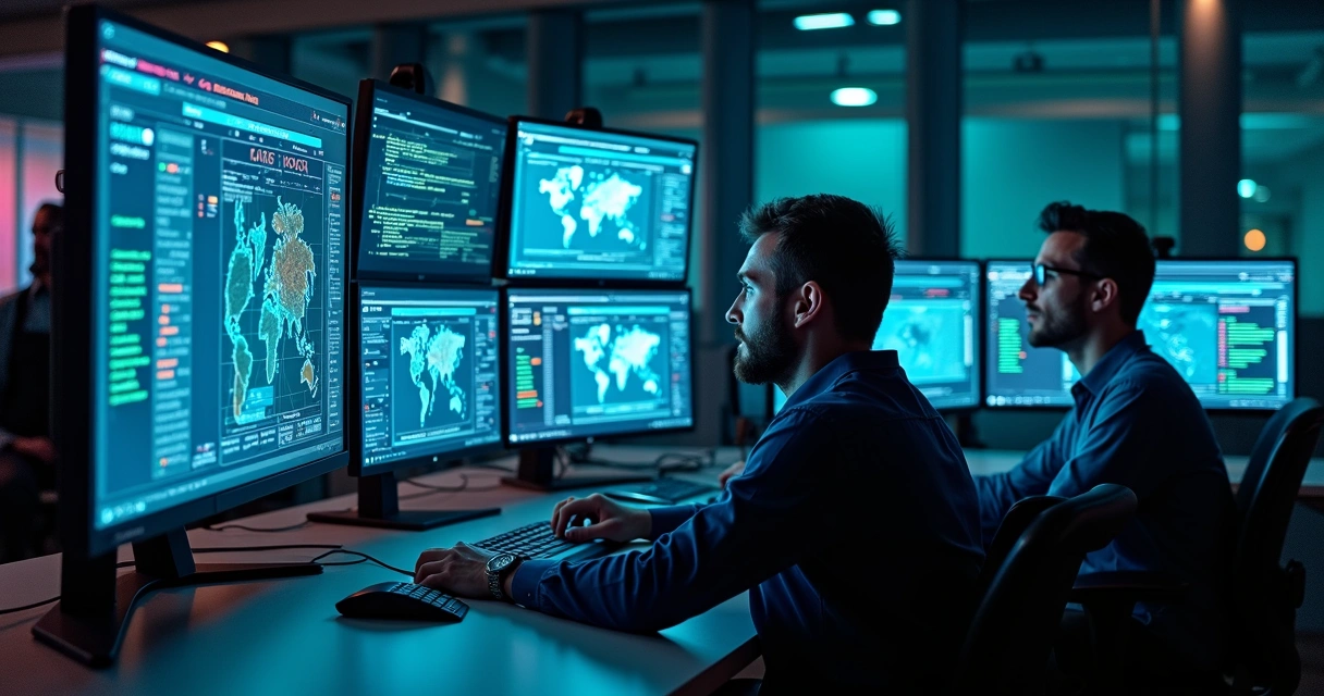 Equipe analisando alertas automáticos em monitores de sistema de TI 