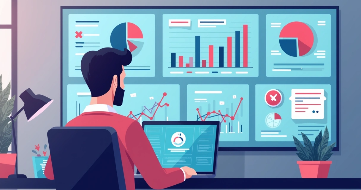 Analista lendo painel digital de menções online e IA processando dados