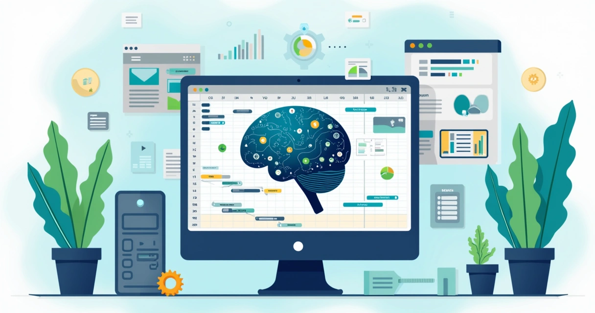 Ilustrações de IA com gráficos e algoritmo interagindo com cronograma 