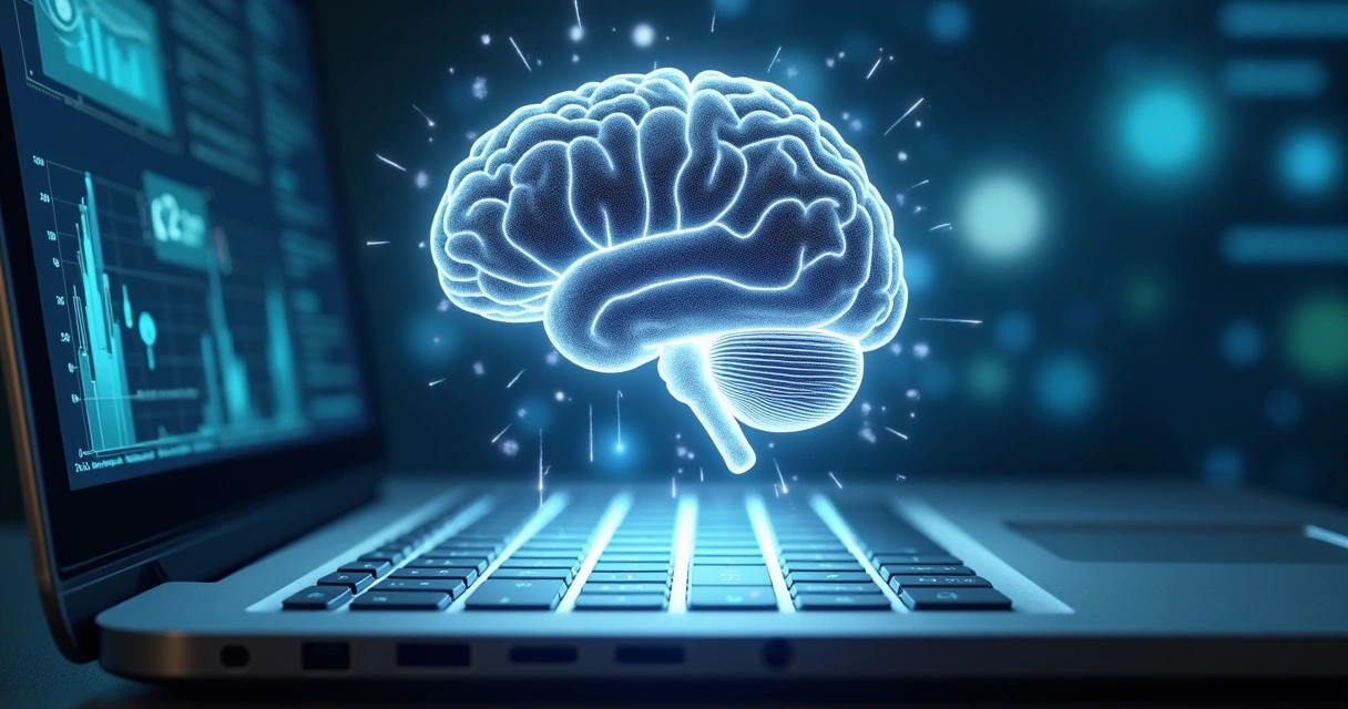 Ilustração mostra um cérebro digital flutuando sobre um teclado de computador 