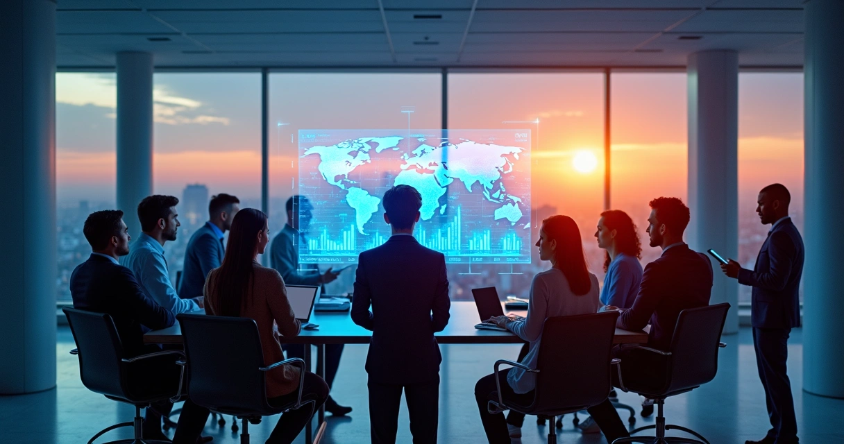 Representação de inteligência artificial interagindo com profissionais numa sala moderna 