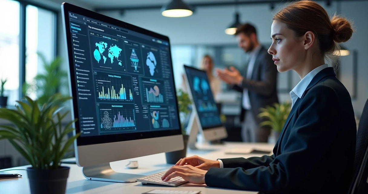 Funcionário analisa dados em tela com gráficos e recursos de inteligência artificial 